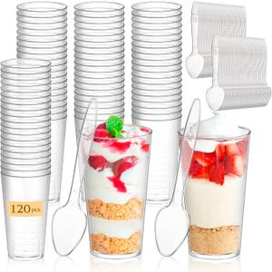 mwellewm 240 Pcs Dessert Cups with Spoons 120 Pcs 3 OZ Mini Clear Plastic Dessert Parfait Cup 120 Pcs Spoons for Party Small Round Serving Shot Disposable Fruit Ice Cream Mousse Appetizer Bowl
