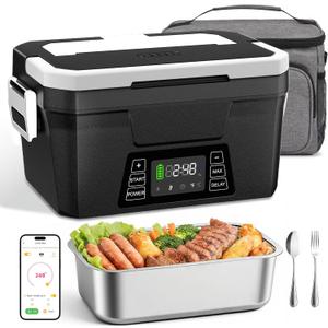 Vabaso Cordless Electric Lunch Box for Adults, App Control Heated Lunch Box with 9000mAh Detachable Battery, 1.2L Self Heating Lunchbox with Timer, Memory & Auto Keep Warm for Work Travel Outdoor (Black)