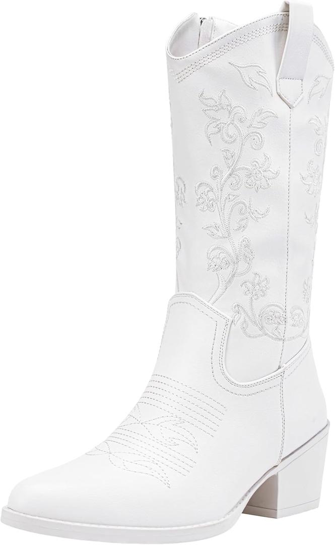 Vepose 9803 Cowboy Boots Women, Cowgirl Embroided Western Pull on Pointed Toe Mid-Calf Chunky Heel Boots with Inside Zipper White-western-9803, 8