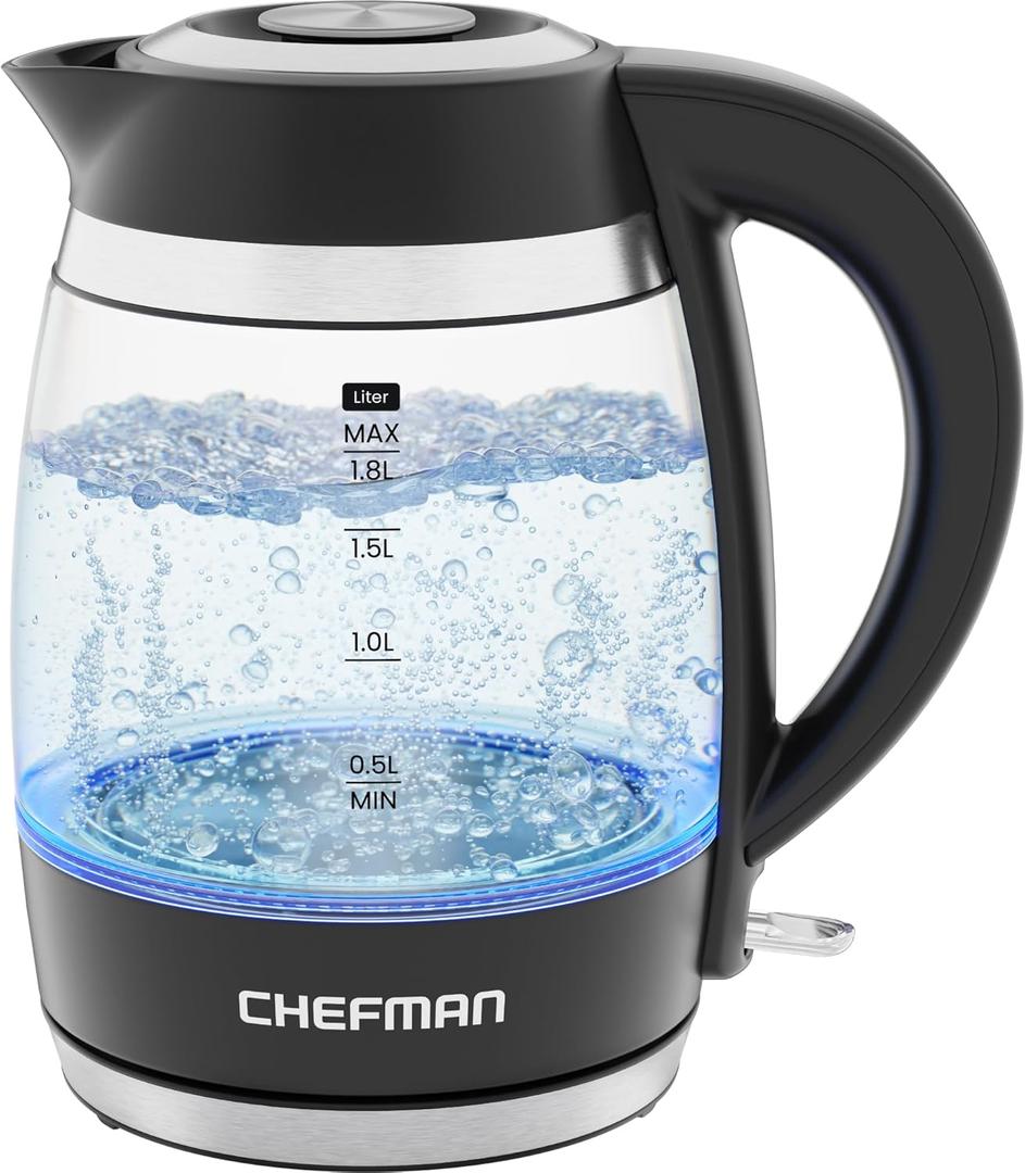 Chefman Electric Kettle, 1.8L 1500W, Hot Water Boiler, Removable Lid for Easy Cleaning, Auto Shut Off, Boil-Dry Protection, Stainless Steel Filter, BPA Free, Borosilicate Glass Electric Tea Kettle (Black)