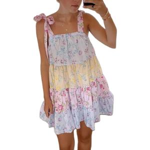 Women Tie Shoulder Mini Dress Floral Ruffle Babydoll Dress Boho Square Neck Sundress Cute Summer Dresses (Large)