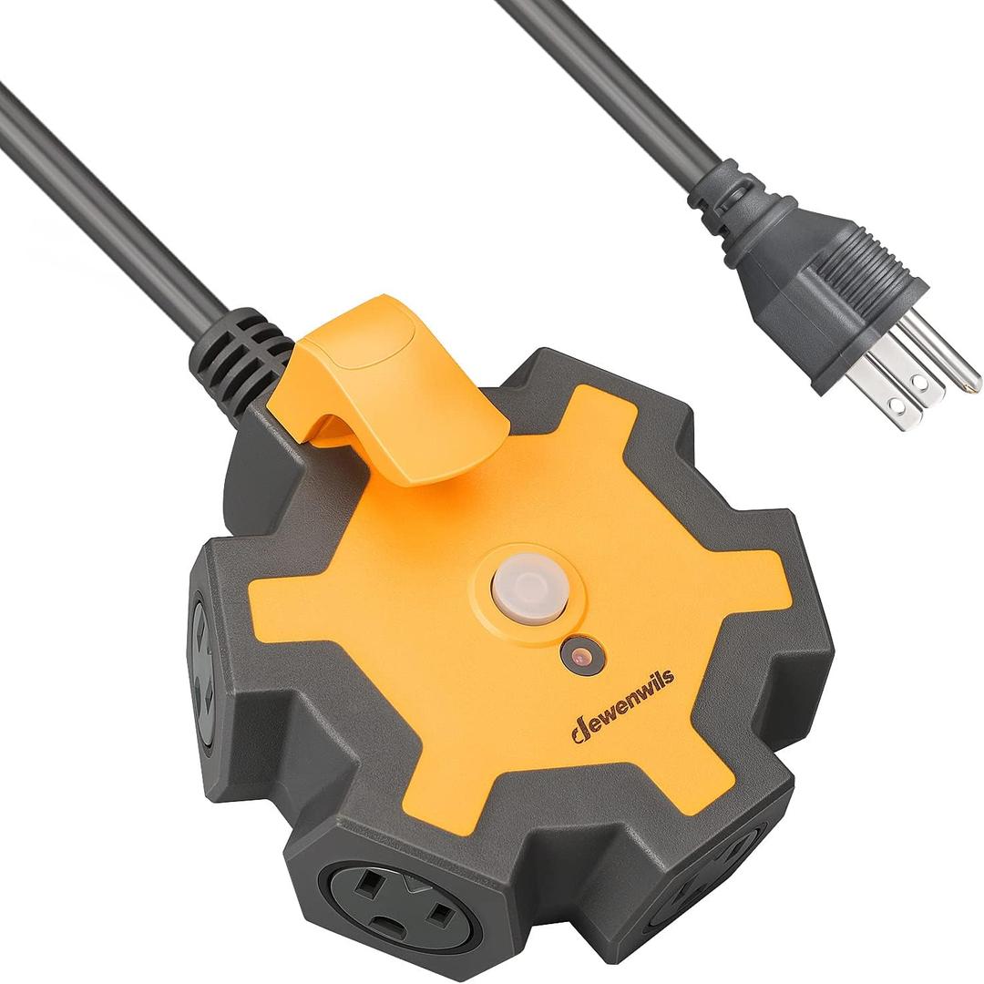 DEWENWILS 5-Outlet Power Strip, 25FT Heavy Duty Extension Cord, 14/3 SJTW, Industrial Power Strip for Garage, Workshop, 15A Circuit Breaker, Swivel Safety Covers, (Yellow+Black)