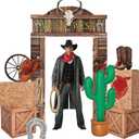 12pcs Western Cowboy Party Decorations,Wild West Door Backdrop Banner , Inflatable Cactus Props, Hay Bales , Wagon Wheel ,Horseshoe,Card Hat for Birthday Wedding Party