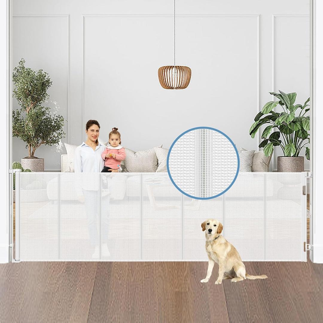 100" Wide Retractable Baby Gate Extra Wide Dog Gates with Reinforced Strip - Prevent Crawling Under Retractable Pet Gate Outdoor/Indoor Dog Gate, Mesh Gate Wide Baby Gates for Large Openings, White
