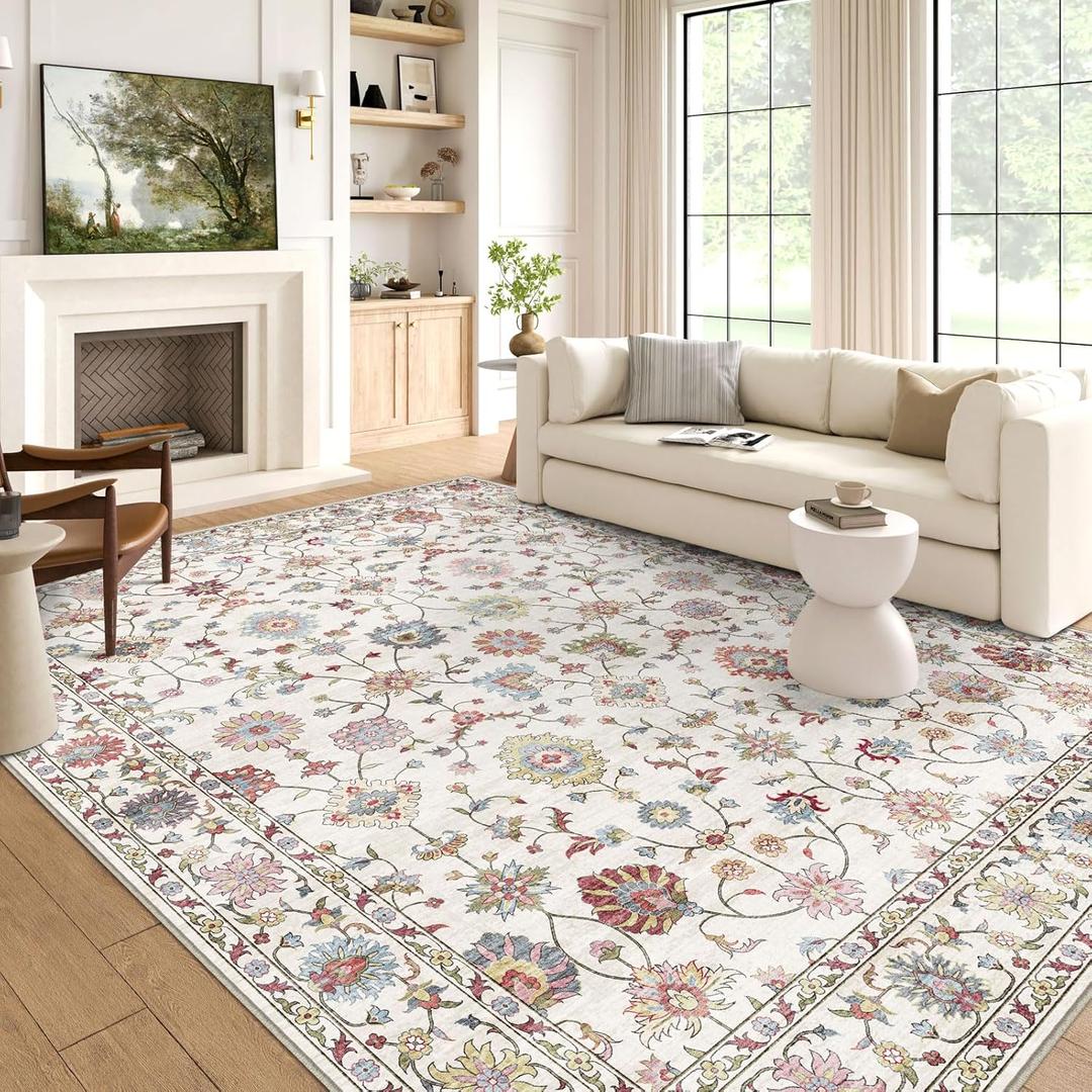 6x9 Area Rug for Living Room - Large Traditional Floral Washable Rugs for Bedroom Non-Slip Colorful Boho Dining Room Rug Low-Pile Cream Farmhouse Carpet Soft Vinatge Bohemian Foyer Rug