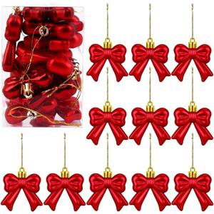 Set of 12 Red Bows for Christmas Tree, 2.2'' x 2.8'' Big Plastic Shatterproof Bowknot Hanging Balls for Valentines Day Tree Decorations Coquette Indoor Outdoor Bachelorette Party Decor