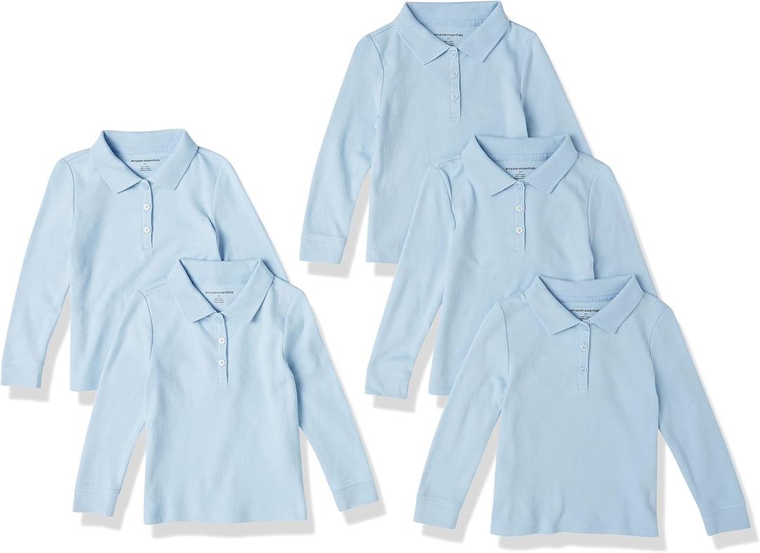 Amazon Essentials Girls and Toddlers' Long-Sleeve School Uniform Interlock Polo Shirts (3T, Light Blue)
