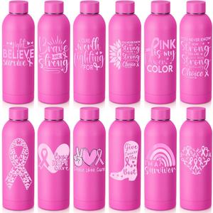 LemonRoad 12 Pcs Breast Cancer Awareness Water Bottles 17oz Stainless Steel Pink Ribbon Tumbler Cup Bulk Gifts for Women Survivors Events(Classic Style)