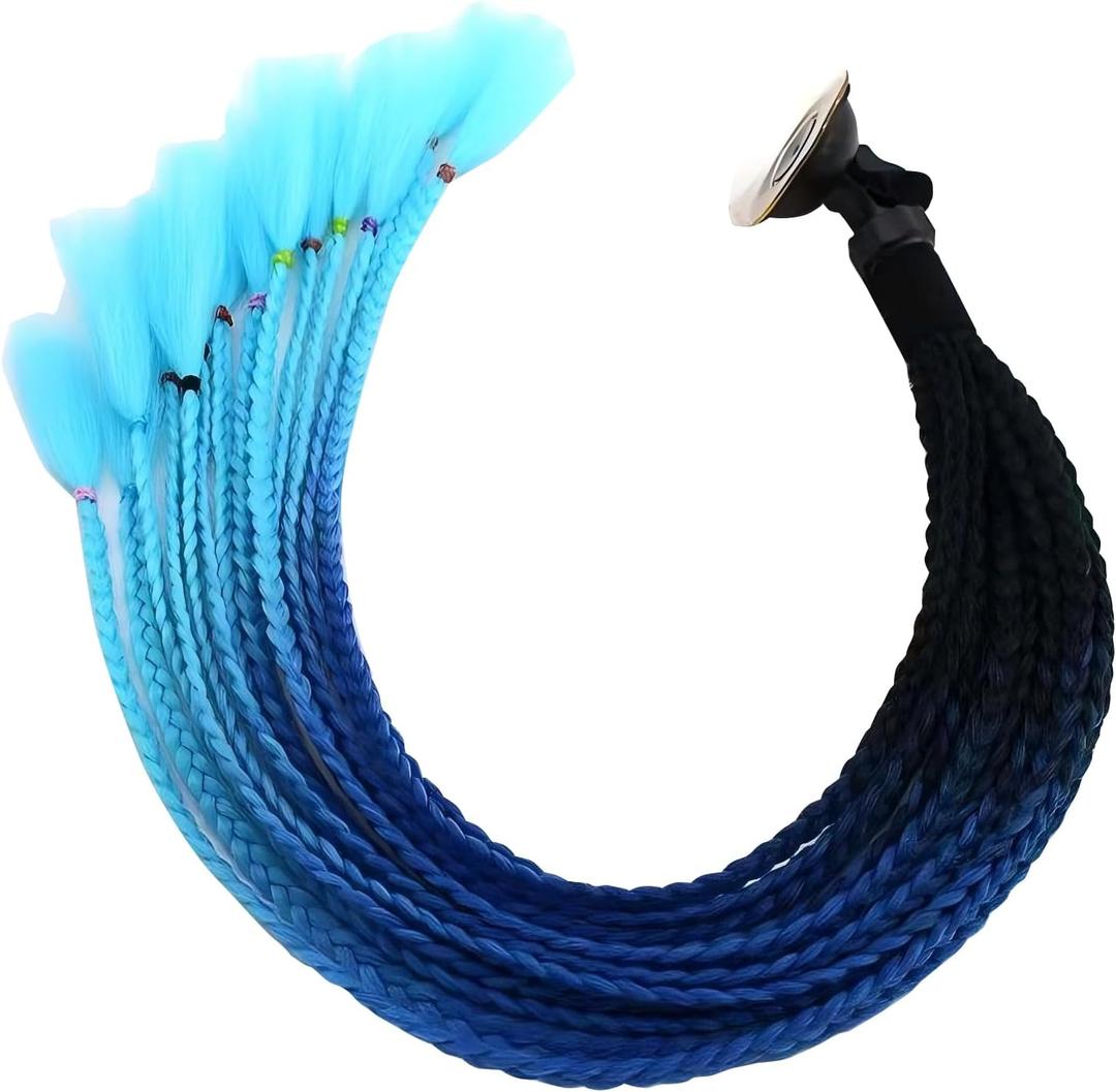 Helmet Pigtail Decoration, 23.6" Gradient Ponytail Thin Braids Helmet Decor with Suction Cup, Fun Pigtail Decorative Accessory, Universal for Motorcycle Bike Ski Snowboard Helmets (Blue)