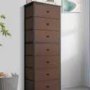 Mifuro Tall Fabric Dresser for Bedroom, Vertical Storage Organizer Tower with 7 Drawers, Chest of Drawers with Bins, Steel Frame, Wood Top for Bedroom, Closet, Entryway Grey