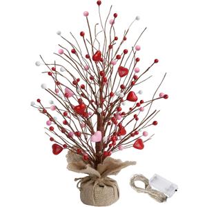 CRCZK 19" H Valentines Day Heart Table Tree Decorative Red Love Berries,20 LED Light UP Artificial Tree Decor for Valentines Day Party Home Decor,Valentine Classroom Decorations