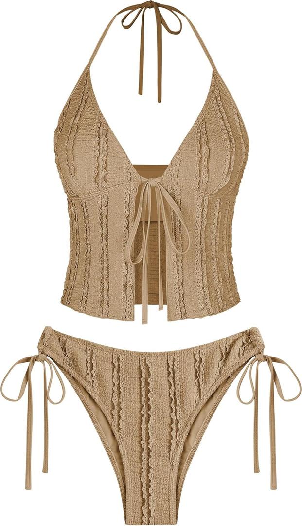 ZAFUL Tankini Swimsuits for Women Smocked Ruffles Tie Front Bowknot Textured High Cut Tanga Tankini Set (Medium, 11-coffee)