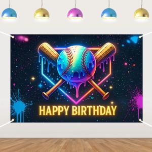 Baseball Birthday Backdrop Ice Cream Drip Baseball Neon Backdrop Photography Background for Boys Girls Sports Theme Birthday Party Decors Supplies Photo Booth Props 5 * 3ft