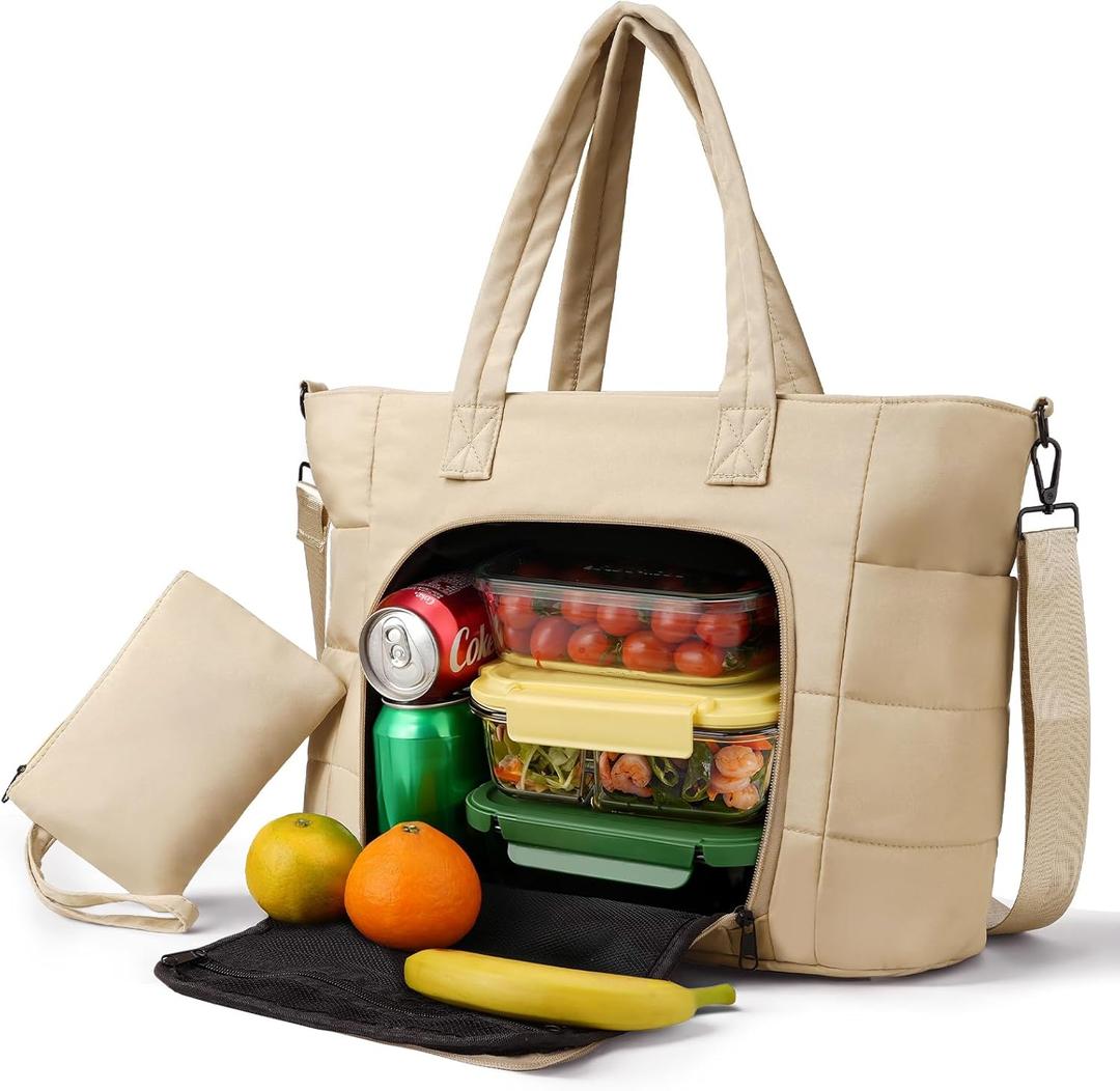 Dadanism Insulated Lunch Bag for Women, 15.6 Inch Quilted Lightweight Puffy Laptop Tote with Leakproof Cooler Compartment for Nurse Teacher Work Office and Outdoor, with Purse, Taupe