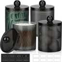 4 Pack Acrylic Qtip Holder Dispenser for Cotton Swabs, Balls, Pads, Floss Picks- Clear Acrylic Canister Apothecary Jar Set, Bathroom Essentials Accessories Decor Vanity Makeup Storage Organizer -Black