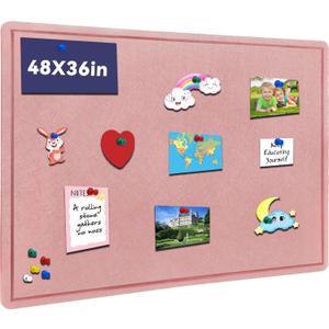 Large Bulletin Board - 48 X 36 inches Decorative Felt Pin Board - 4' x 3' Cork Board Alternative for Wall - Foldable Photo Board Self-Adhesive Vision Board Prayer Board with 30 Pushpins - Pink