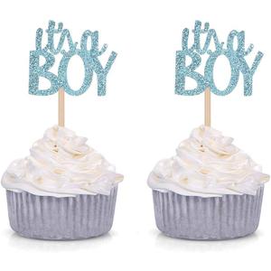 Blue Glitter It's a Boy Cupcake Toppers Gender Reveal Party Baby Shower Decorations Picks - Set of 24