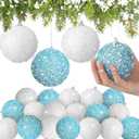 Lyrow 24 Pcs 3.15" Glitter Christmas Ball Ornament Set Christmas Ball Bulk Xmas Sequin Foam Hanging Ornament Decorative Hanging for Tree Party Holiday Decor(White, Light Blue)