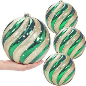 8 inch Extra Large Christmas Ornament Balls, 4 pcs Green and Gold Christmas Ornaments Shatterproof Giant Christmas Balls, Oversized Christmas Tree Baubles for Holiday Party Outdoor Decor