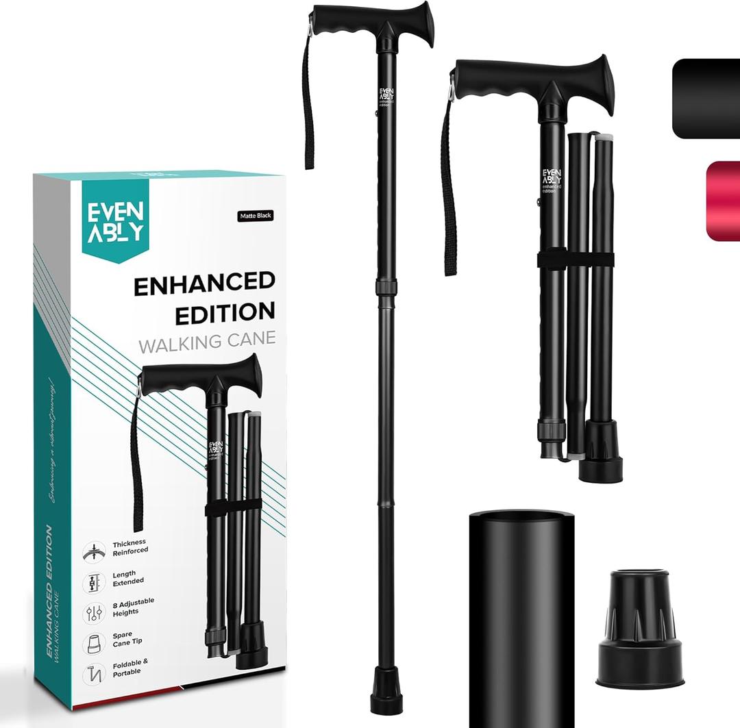 Enhanced Walking Cane (Thicker & Longer) - Foldable, Adjustable, Collapsible, Spare Tip, with Travel Bag | Versatile Walking Stick for Every Height, Weight, Seniors & Adults (Matte Black)