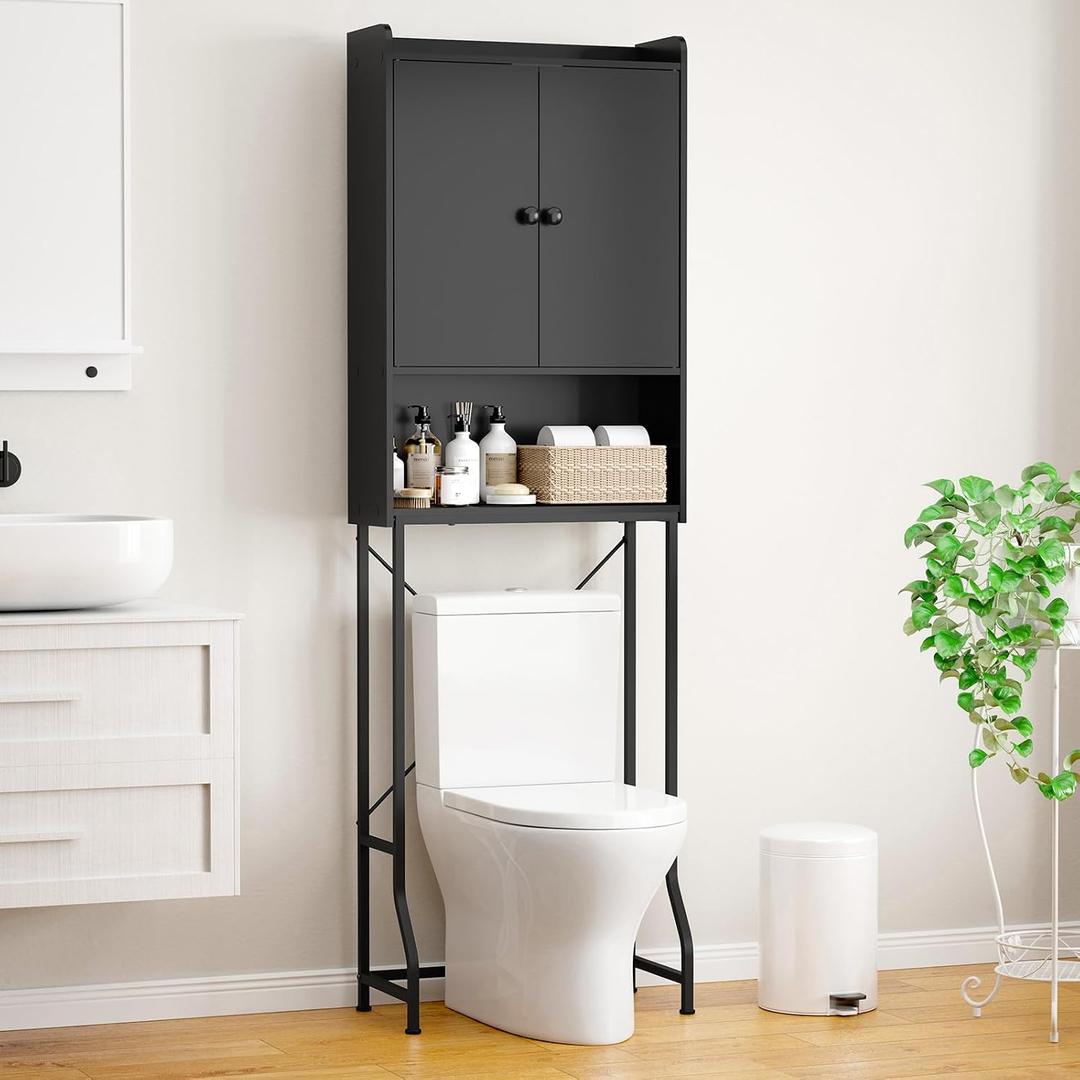 Kitsure 68.1"H Over Toilet Storage Cabinet, Magnetic Door, Adjustable Shelf | Bathroom, Laundry Room, Small Spaces, Families, Multi-Compartment Storage, Anti-Tip Design, Black, 3 Tier Storage