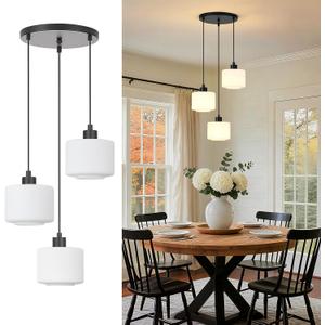3-Light Pendant Lighting, Black Dining Room Chandelier Light Fixture Over Table with Milk Glass, Modern Cluster Hanging Lights for Kitchen Island Dining Room Sink, OS-YQ8153-3BKW
