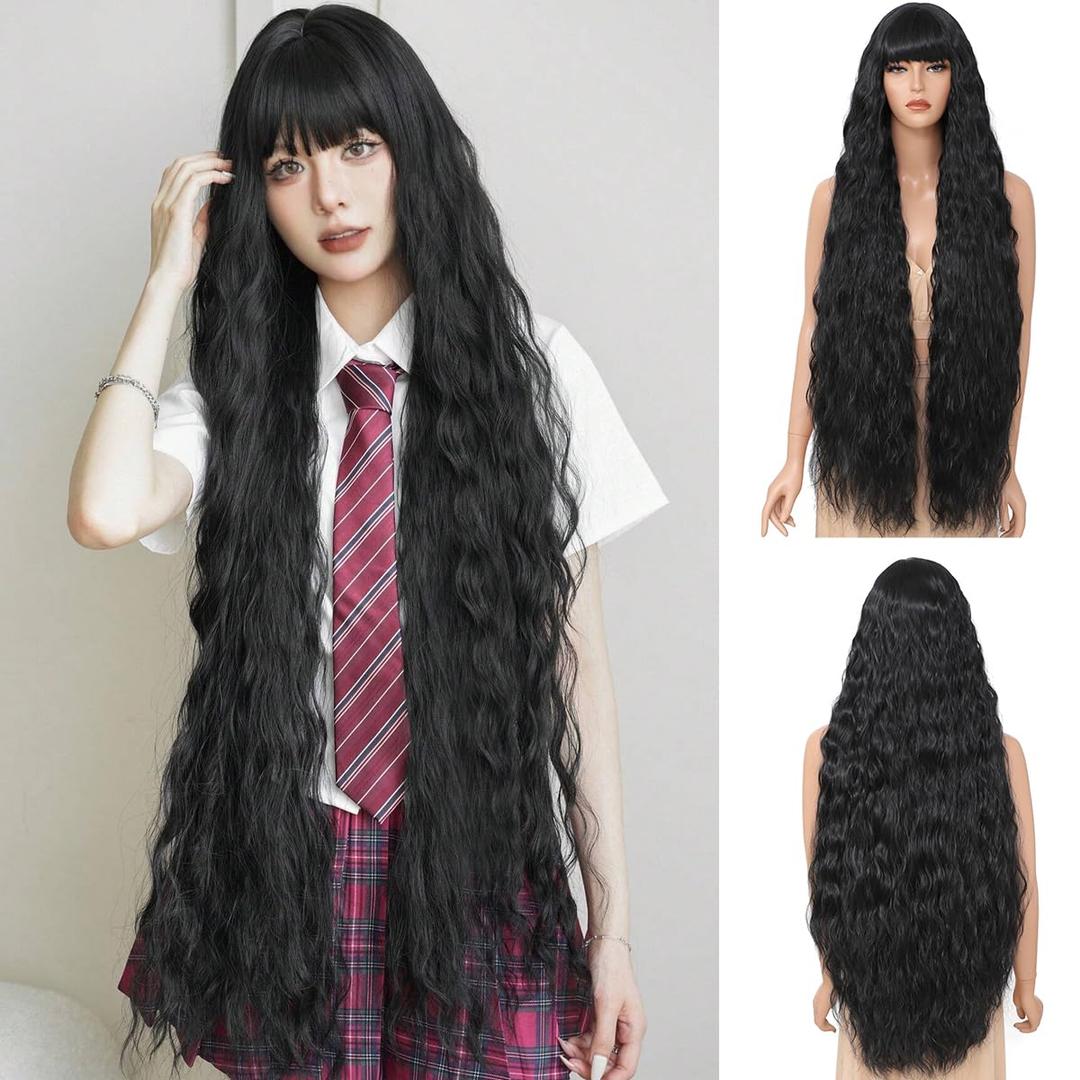 Long Wavy Wig with Bangs for Women,Wig Long Bangs Wig,Natural Looking Synthetic Heat Resistant Hair (1B, 40inch)