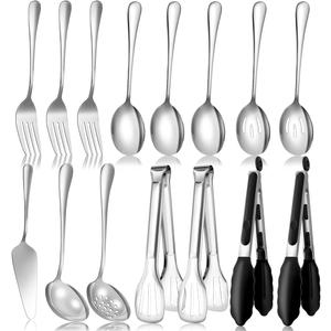 Serving Utensils Set for Partie, Silver Stainless Steel Metal Serveware Large Serving Spoons, Slotted Spoons, Forks, Tongs, Soup and Skimmer Spoon, Cake Server for Buffet, Catering, Entertaining 15pcs