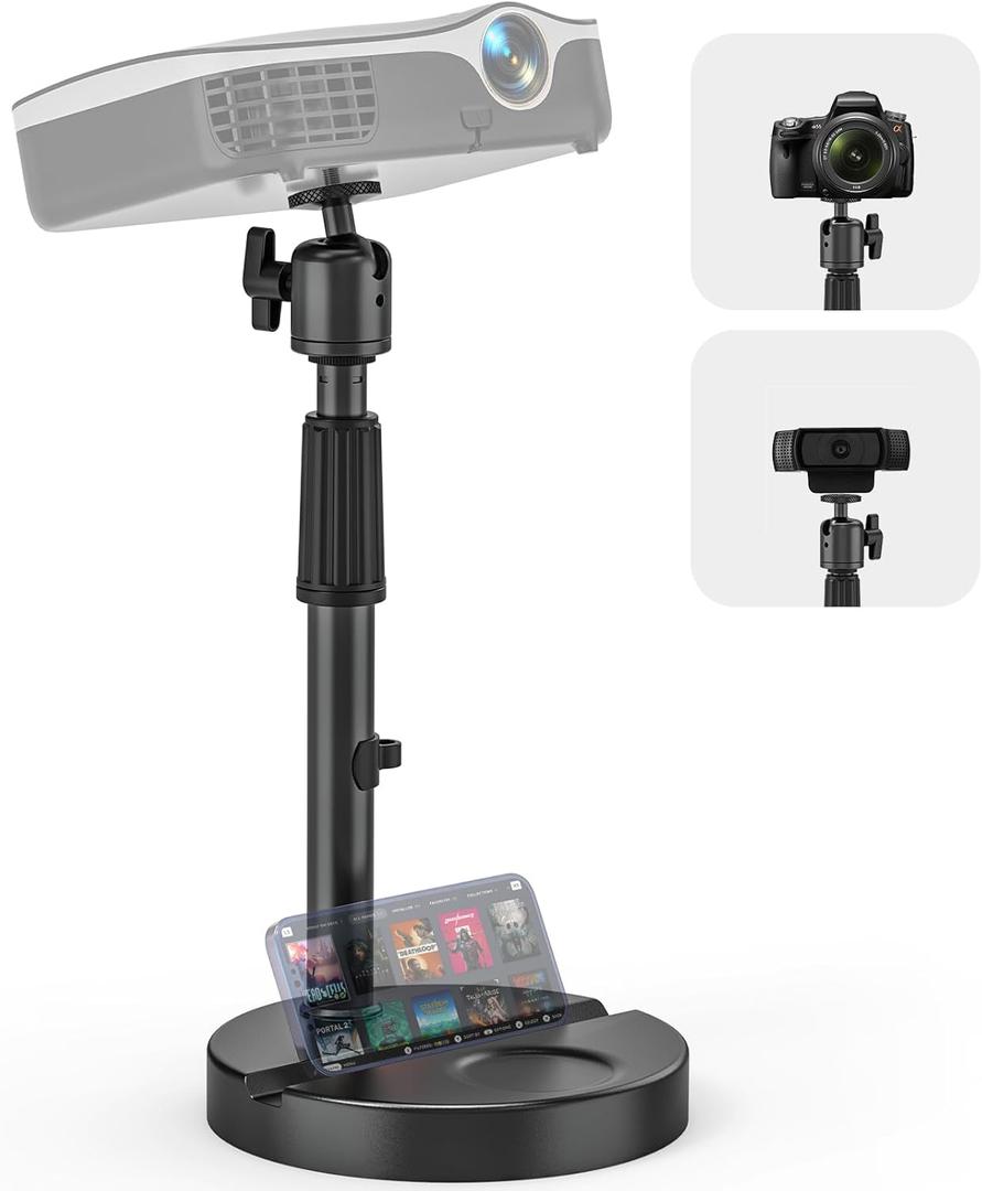 Desktop Projector Stand Table, 11" - 17.7" Extendable Height Stand with Heavy-duty Base and 1/4" Ball Head, 360 Rotation Webcams Projector Mount Holder for Home, Office, Outdoor Projection