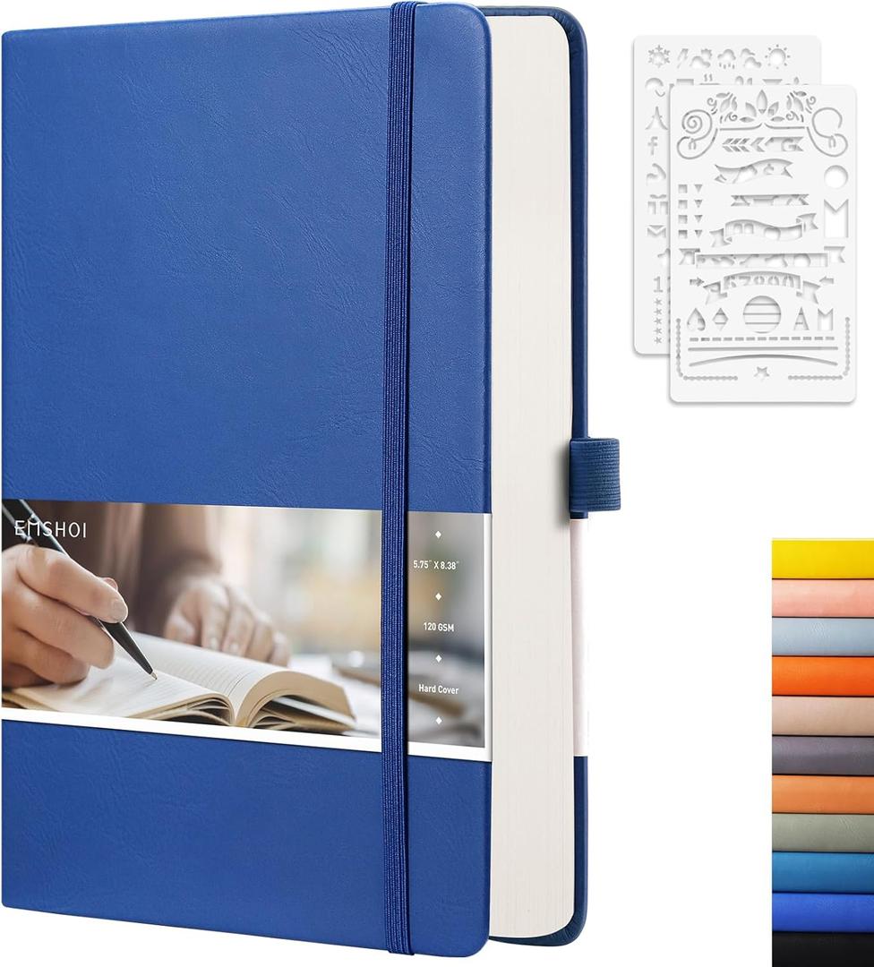 EMSHOI A5 Dotted Journal - 256 Pages with 120gsm Thick Dot Grid Paper, Hardcover Leather Dotted Notebook, 16 Perforated Pages, Pen Loop & Inner Pocket, for Bullet Journaling, 5.75 x 8.38, Blue