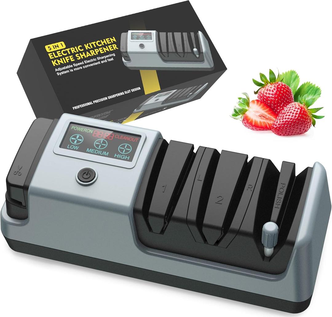 5 in 1 Electric Knife Sharpener-3 Rotational Speed Adjustable Electric Knife Sharpeners, Suitable for Straight Blade Knives, Serrated Knives, Meat Cleaver Knives, Ceramic Knives&Scissors (Gray)