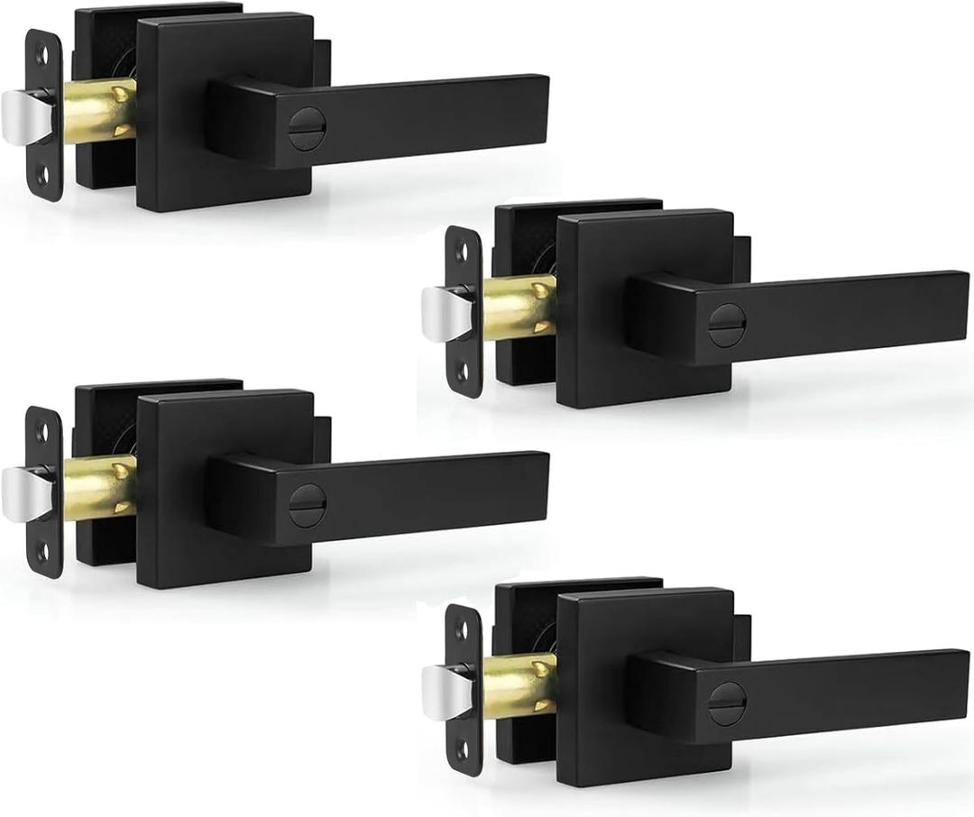 Estmoon 4 Pack Black Door Handles - Interior Door Knobs with Lock for Bedrooms, Keyless Privacy Door Levers, Heavy Duty Zinc Alloy Door Lever Set for Bedrooms Bathrooms