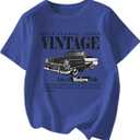 Women's Graphic Letter Tee Crew Neck Drop Shoulder Trendy Summer T Shirt Short Sleeve Vintage Car Print Top (Blue, M)