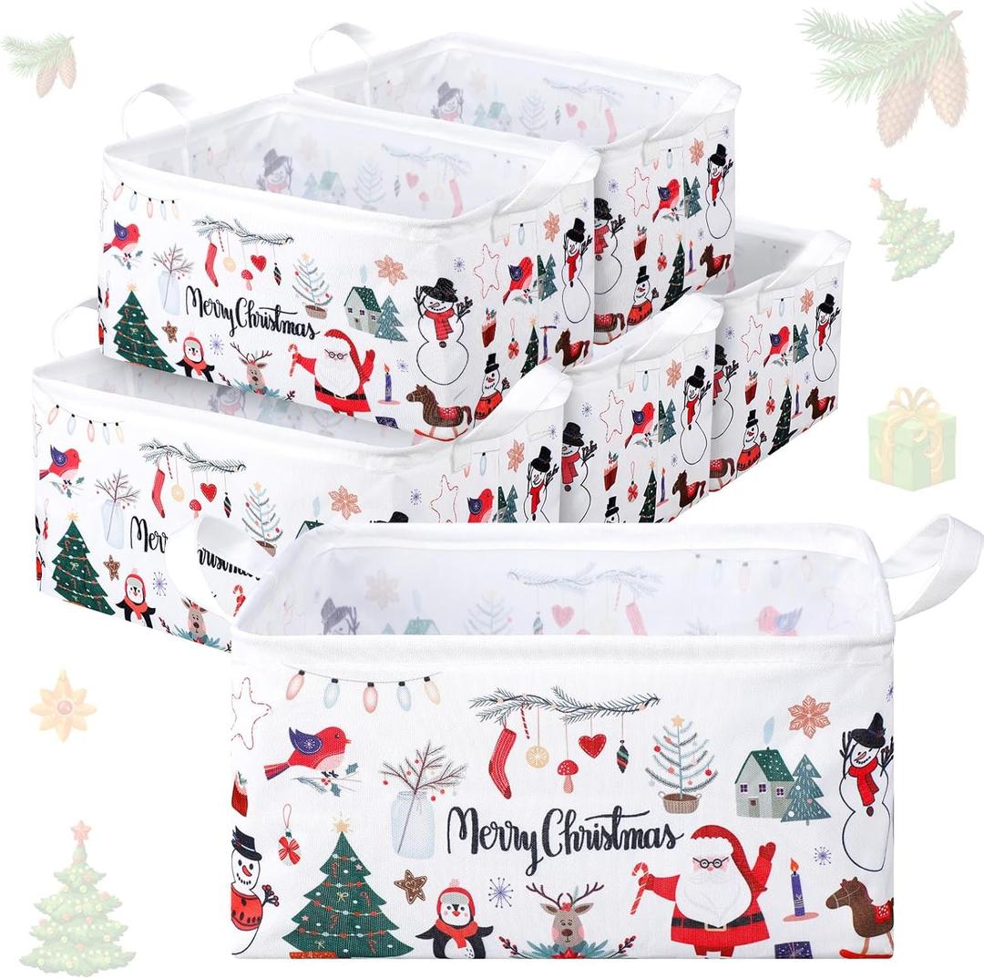 Maxcheck 6 Pcs Large Christmas Basket for Gifts Empty Foldable Xmas Gift Basket Rectangle Christmas Santa Present Storage Bin Fabric Cubes Containers Boxes with Handles for Present Cloth Toy (Colorful)