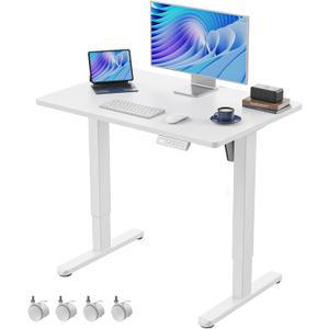 HUANUO Electric Small Standing Desk, Whole Piece Desktop, Adjustable Height Computer Desk, 4 Height Memory Settings, Sit Stand Up Desk for Home Office, 35" x 24", White