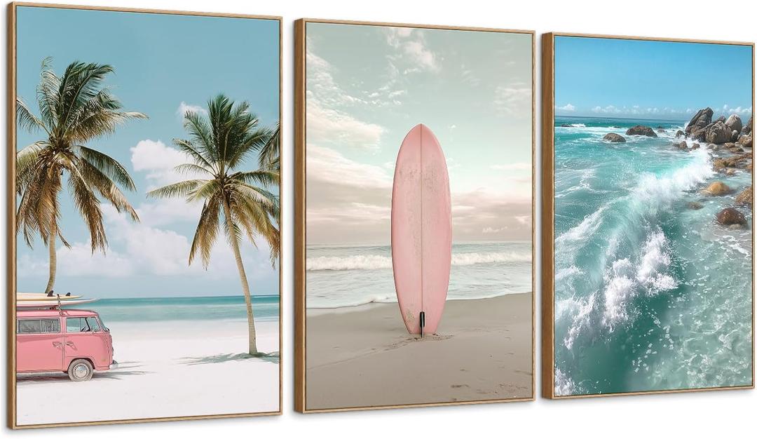 Beach Seascape Pink Surfboard Framed Canvas Wall Art Set, Palm Tree Nature Wall Decor Coastal Ocean Landscape Print for Bedroom Living Room Bathroom 3 Panels, 16x24 Inch - Ready to Hang