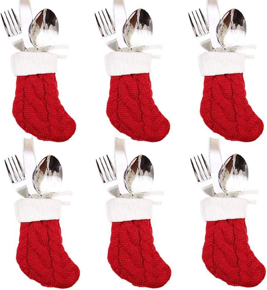 6Pcs Christmas Tableware Silverware Holders Set, Red Knitted Christmas Stockings Knife and Fork Bags Covers for Thanksgiving New Year Party Decorations Xmas Dinner Table Decor Ornaments (Red)