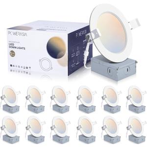 POWERASIA 12 Pack 4 Inch Ultra-Thin LED Recessed Ceiling Light with Junction Box, 5CCT Dimmable 2700K/3000K/4000K/5000K/6000K, 9W 850lm Can Killer Downlight-ETL and Energy Star Certified
