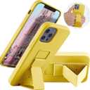 LAUDTEC Silicone Kickstand Case Compatible with iPhone 12/12 Pro, Vertical and Horizontal Stand Hand Strap Metal Kickstand Cover, Flexible Soft Liquid Silicone Stand Case for iPhone 12/12 Pro (Yellow)