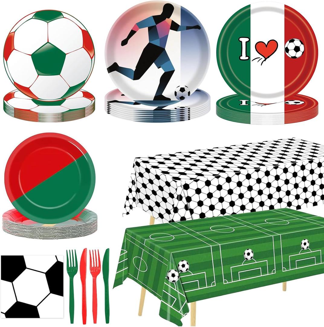 122Pcs Soccer Party Supplies Set, Disposable Tableware Kit with Soccer Paper Plates, Napkins, Forks, Tablecloth for Soccer Birthday Party Decorations, Sports Theme Party Decor for 24 Guests (Modle A)