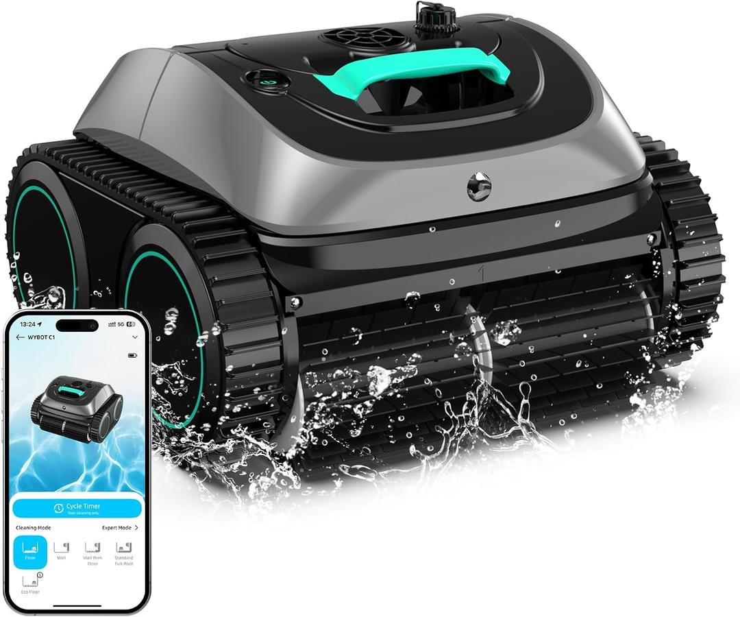 (2025 Upgrade) WYBOT C1 Pool Robot Vacuum for Inground Pools, 4-in-1 Cordless Robotic Pool Cleaner Lasts 150min, Triple-Motor up to 1,614 Sq.ft, Smart APP Support, Auto Wall & Waterline Cleaning (Grey with Green)