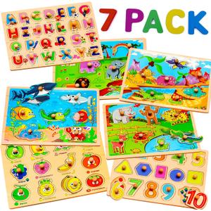 7 Pack Wooden Puzzles for Toddlers 2-5 Years Old - 7 Colorful Chunky Wood Peg Puzzles for Kids Ages 2-5, Alphabet Shape Numbers Fruits Sea Animals Dinosaur Zoo - Educational Toddler Learning Toys