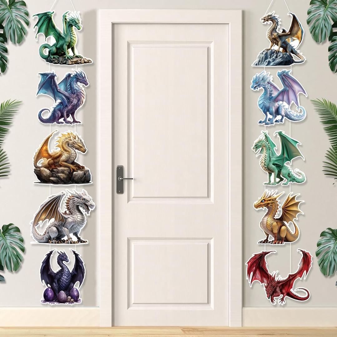 Dragon Birthday Party Decorations for Kids 10 Pcs Dragon Door Banner Hanging Banner Watercolor Fantasy Dragons Knight Porch Sign for Dinosaur Theme Birthday Baby Shower Party Supplies (Multicolor)
