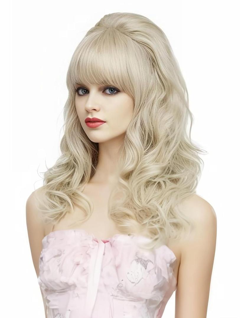 Rugelyss Long Wavy Blonde Wig with Bang Big Bouffant Beehive Wigs for Women fits 80s Costume or Halloween Party