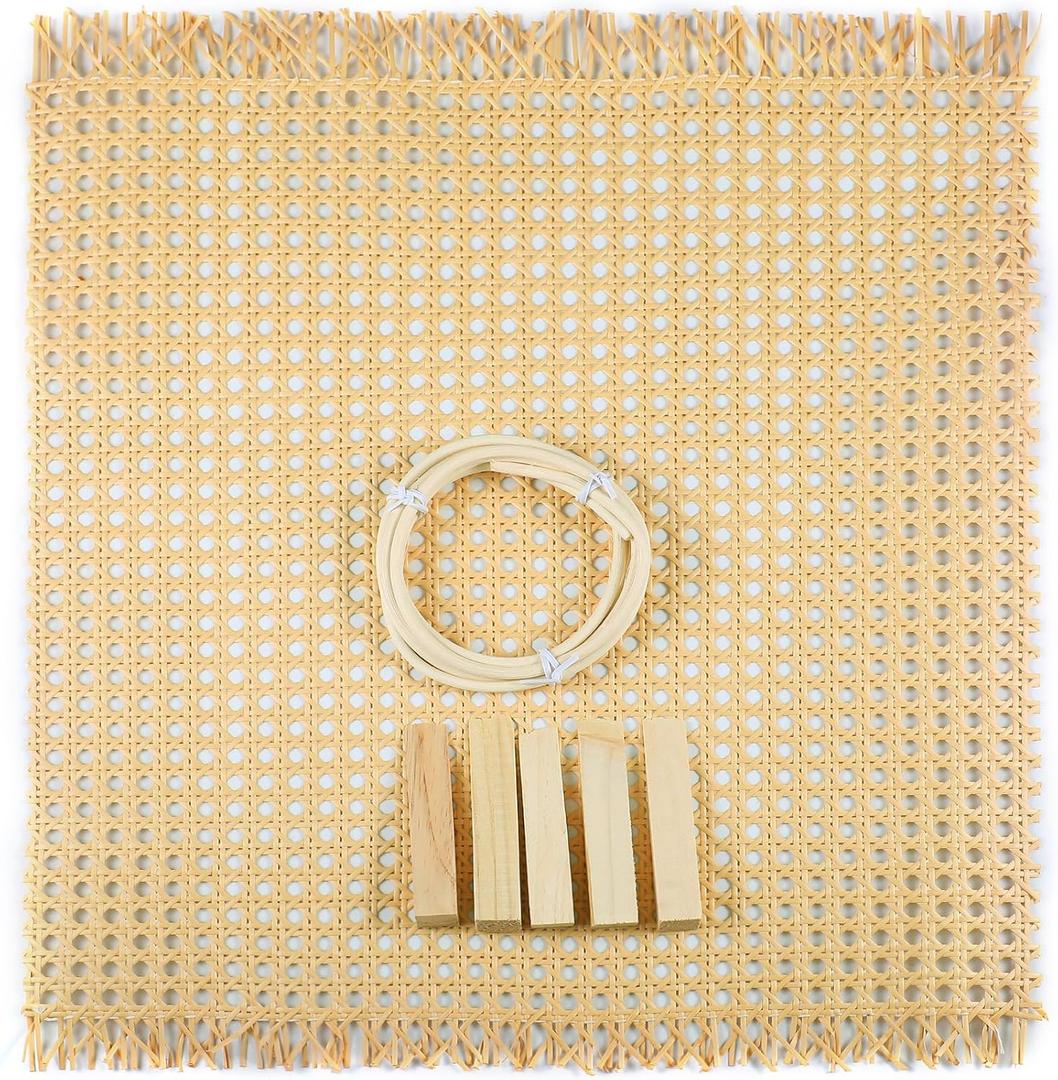 Leinuosen Pressed Cane Webbing Rattan Seat Repair Kit 24"x24" Mesh 8.2 Feet of #8.5 Spline & 5 Wooden Wedges for Home Decor Projects Furniture Caning Chairs Cabinets Beds