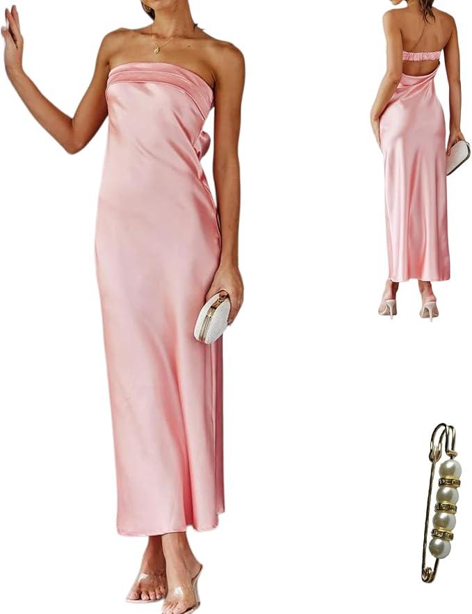 Yazinie Satin Tube Sexy Backless Formal Wedding Guest Evening Party Maxi Dresses Gala Dress, Small
