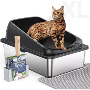 Stainless Steel Cat Litter Box with Scoop, Metal Litter Box High Sided, Cat Litter Box Enclosure, XL Extra Large High-Sided Litter Boxs (Anti-Urine Leakage, Include Scoop) (Black)
