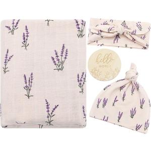 LifeTree Muslin Swaddle Blankets, Muslin Baby Boy Swaddle Blanket, Headband and Hat Set with Birth Announcement Card, Newborn Unisex Receiving Organic Cotton Blankets, Lavender Pattern
