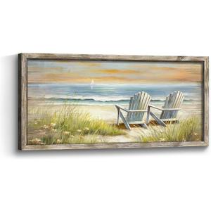 Framed Beach Coastal Wall Art: Wooden Relaxing Seaside Chair Picture Artwork Ocean Sea Grass Seascape Painting Print Decor for Bedroom Living Room Office 40x20 inch (40L" x 20W", Beach 02)
