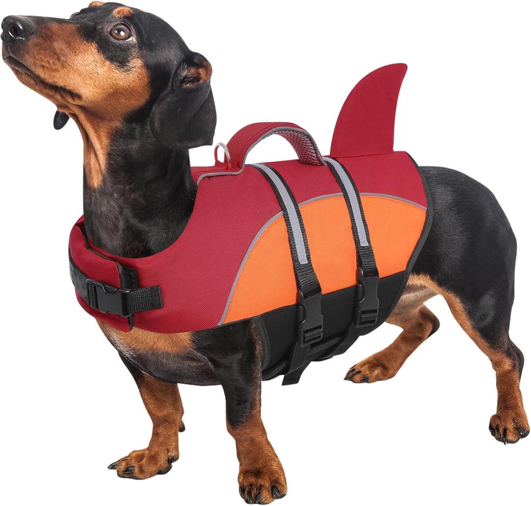 Queenmore Dog Life Jacket Dog Life Vest for Swimming Boating in Pool Lake with Shark Fin, Rescue Handle, Leash Hook, Reflective Strip,Ripstop, Large